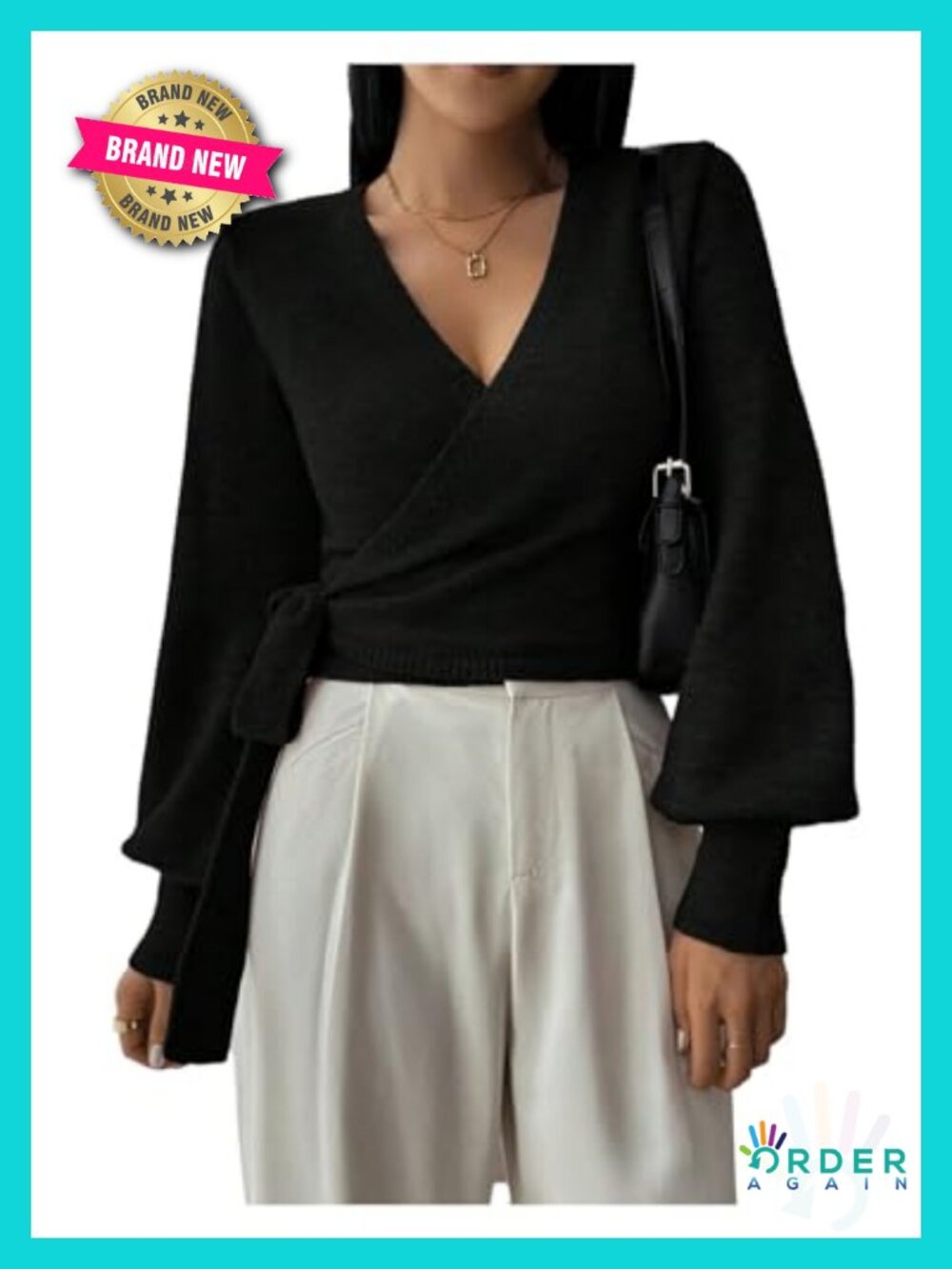 Womens Cropped V Neck Wrap Sweater Bishop Sleeve Knit Pullover
